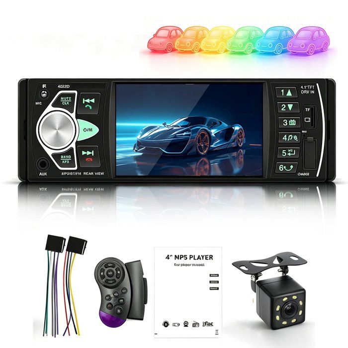 Autoradio Bluetooth 1 Din avec Caméra de Recul Commande au Volant Éclairage 7 Couleurs USB/AUX Radio FM