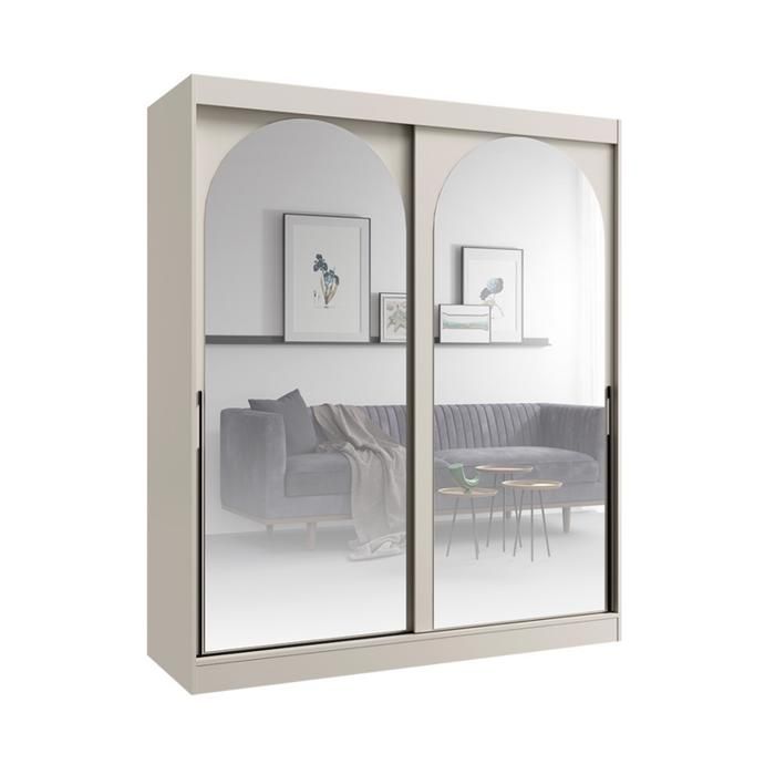 Bibliothèque en bois - OTITEC - 215x180x65 cm - Cachemire - Prêt à monter - Portes coulissantes - Miroirs intégrés
