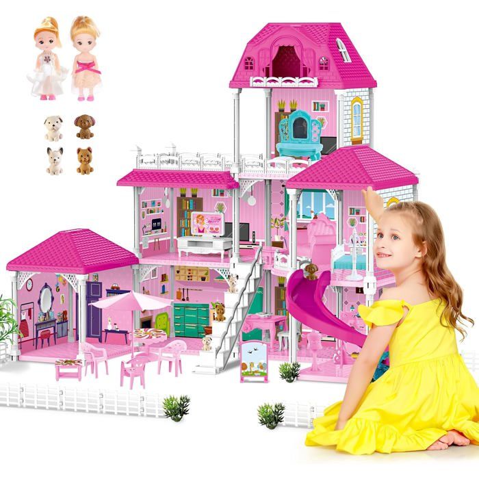 Maison de poupée deAO Grande DIY 96x83x63 cm - avec meubles accessoires et toboggan