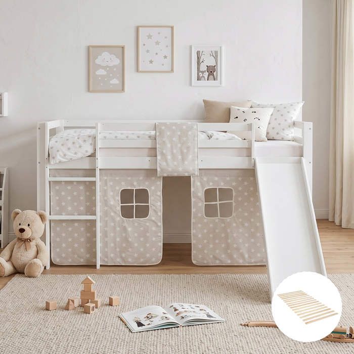 Lit mezzanine pour enfants 90 x 200 cm blanc avec rideau à étoiles Toboggan Avec sommier à lattes Lit mezzanine pour enfants 90 x 200 cm blanc avec rideau à étoiles Toboggan Avec sommier à lattes