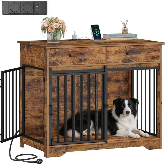 Cage pour Chien Meuble avec Prise Cage Chien dintérieur avec Porte Style Grange & 2 Tiroirs Marron Rustique
