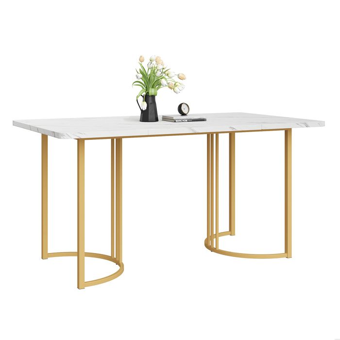 Table de salle à manger 140 x 80 cmtable rectangulaire avec motif marbre modernepieds réglablesblanc et doré(1 pièce)