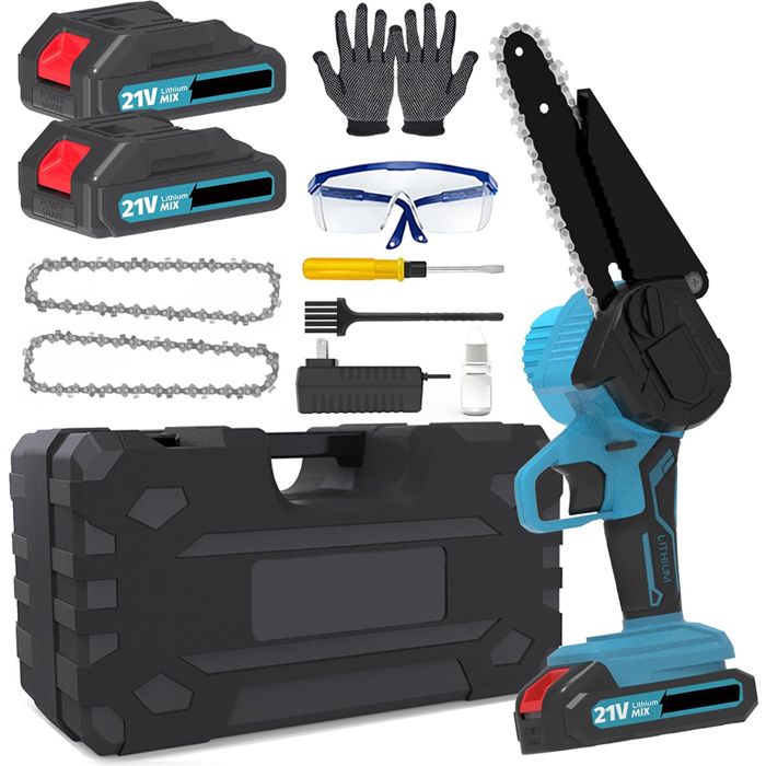 Mini tronçonneuse sans fil de 6 pouces 650 W 2 batteries 21 V adaptée à lélagage des arbres et à la coupe du bois.