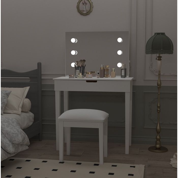 Coiffeuse blanche EVRYAE 80 x 40 x 125 cm miroir LED 2 tiroirs tabouret prise USB Type-C