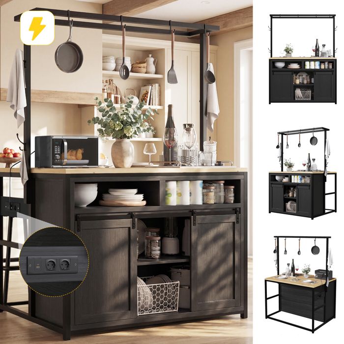 Luscriate - Îlot de cuisine 107x62x183 cm avec plan de travail prises intégrées étagère suspendue – noir/bois