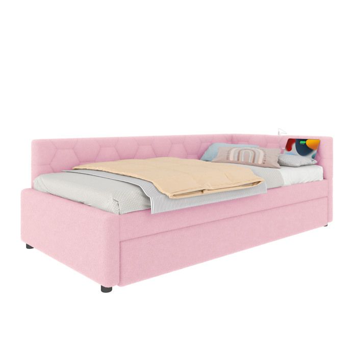 Lit banquette avec lit gigogne - Boucle rose - 90 x 200 cm - Sommier à lattes - USB Type-C - Lampe de chevet