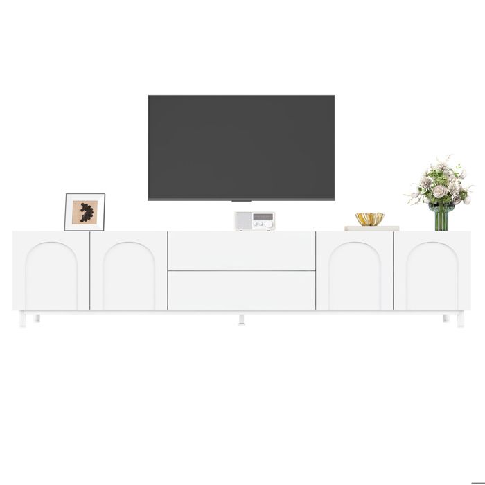 Meuble TV blanc 180 cm avec 4 portes 2 tiroirs passe-câbles MDF et panneaux de particules
