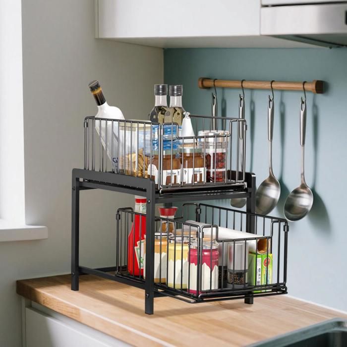 MIPAN. PANIER COULISSANT POUR PLACARD DE CUISINE - ÉTAGÈRE DE RANGEMENT COULISSANTE À 2 NIVEAUX - 37 X 26 X 385 CM - NOIR