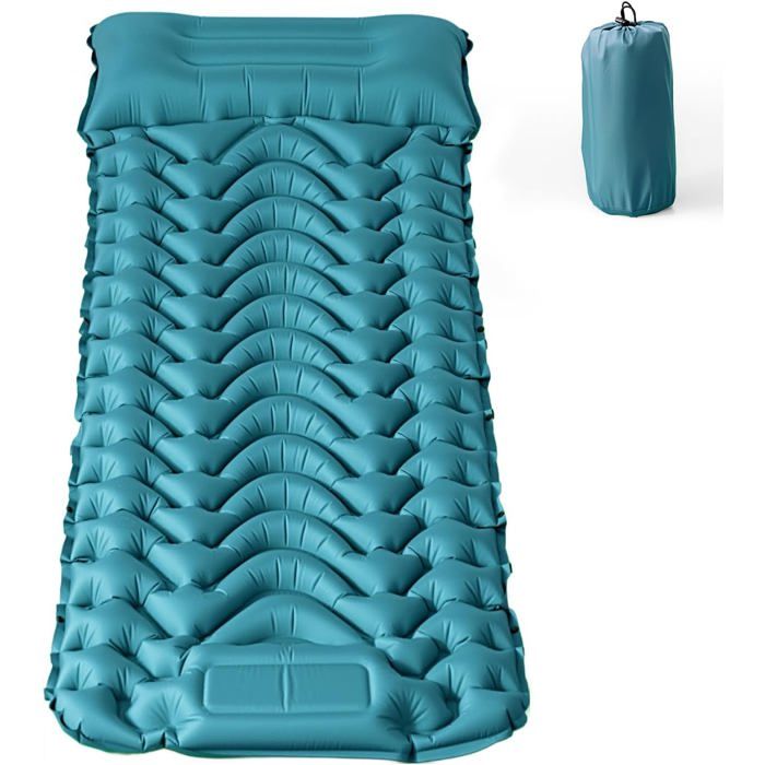 Matelas camping gonflable modulaire 193x68x8 cm nylon 50D TPU pompe pied et oreiller intégrés vert deau