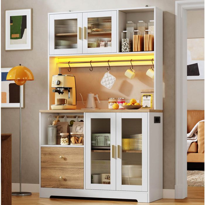 Colonne de cuisine 4 portes en verre trempe 2 tiroirs LED RGB et prise integree - MEUNIQ - MDF Blanc et Naturel 110×40×178 cm
