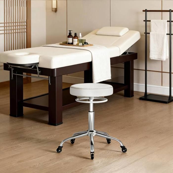 SENVIRO Tabouret de bureau à roulettes réglable en hauteur pivotant 360° assise ronde en simili cuir blanc 45 x 53 x 53 cm