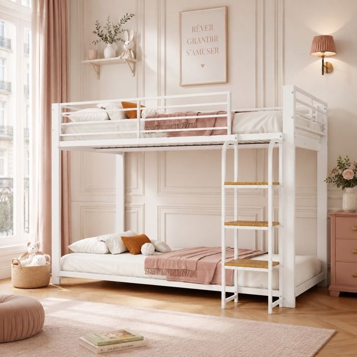 Lit superposé enfant/adolescent 90x200 cm en métal – sommier inclus capacité 400 kg Blanc