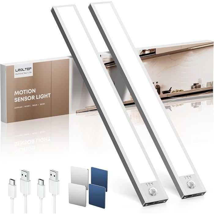 Lampe Pcard sans Fil Rechargeable Cuisine sous Meuble 30cm 6500K 2200mAh Reglette LED Lumiere Armoire 6500K 3 ECLAIRAGE DE MEUBLE