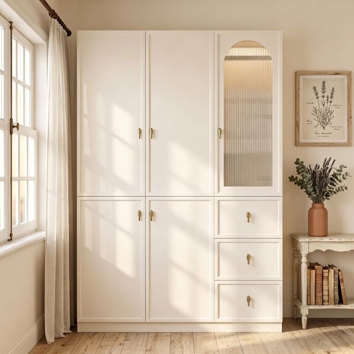 Armoire Entrée-blanc-135x48x200cm-avec lumière LED-3 tringles à vêtements-3 tiroirs et 5 portes- armoire porte tambour haute moderne