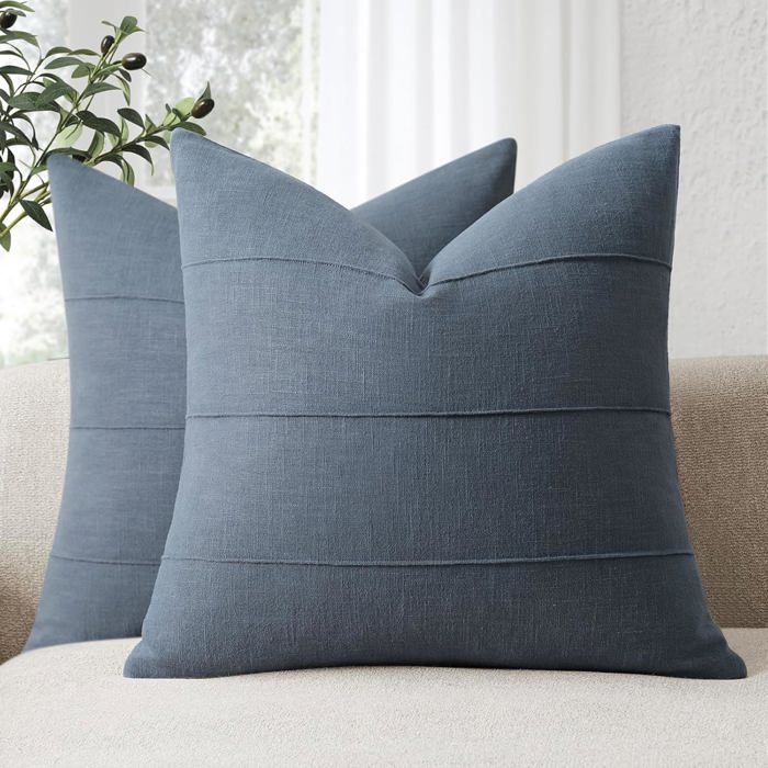 Housse de coussin en lin naturel 50 x 50 cm - lot de 2 - motif rayé bleu ardoise fermeture éclair invisible - canapé