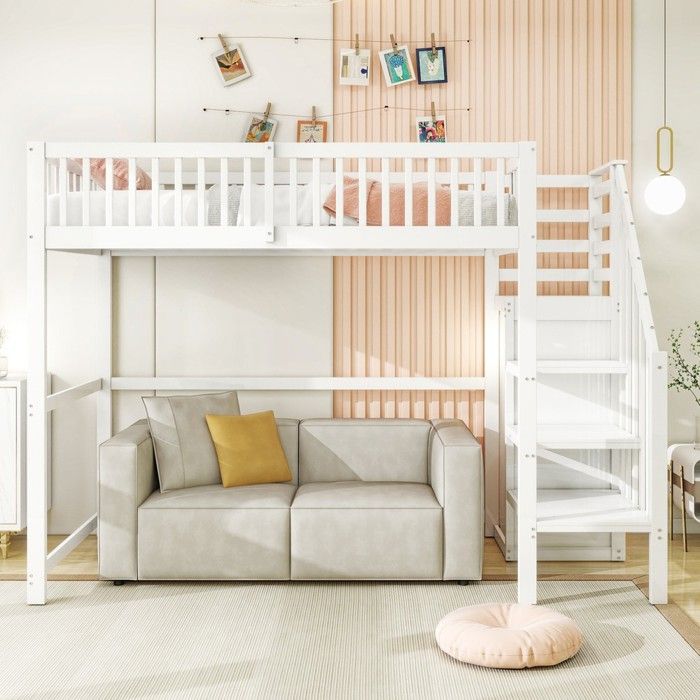 Lit mezzanine enfant 90x200 en bois blanc avec échelle étagère de rangement et armoire simple Lit mezzanine enfant 90x200 en bois blanc avec échelle étagère de rangement et armoire simple