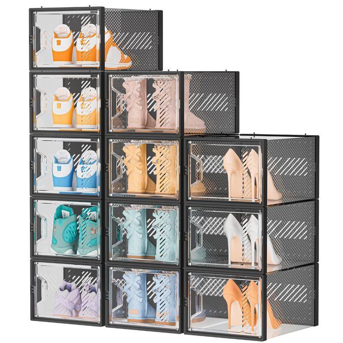 Boîte à chaussures empilable transparente portes magnétiques rangement pliable pour 12 paires en plastique résistant