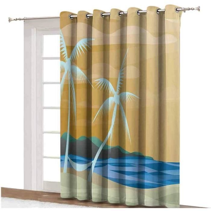Rideaux Occultants 100% - 2 Panneaux 140x245 Cm - Impression Tropical Plage Palmiers - Isolants Thermiques & Anti-bruit - 5