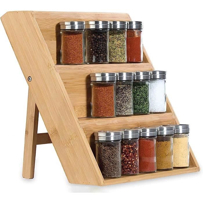 Étagère À Épices En Bois Avec 3 Compartiments De Rangement, Plateau À Épices Debout En Bambou