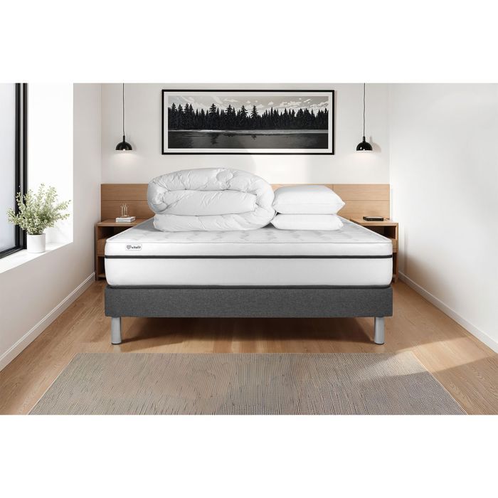 Pack lit complet 160x200 cm - Matelas + Sommier Gris (en kit) + 2 oreillers + Couette - Vital Spa Gris