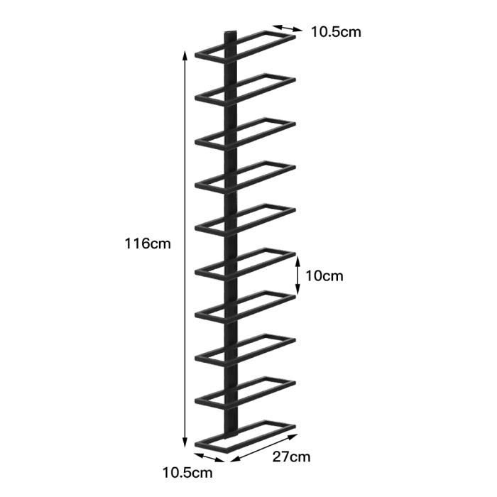 Yipeema Porte Bouteille Mural Noir 27 x 10.5 x 116 cm - Casier à Vin en Metal Design Vintage - 10 Niveaux Vertical Support