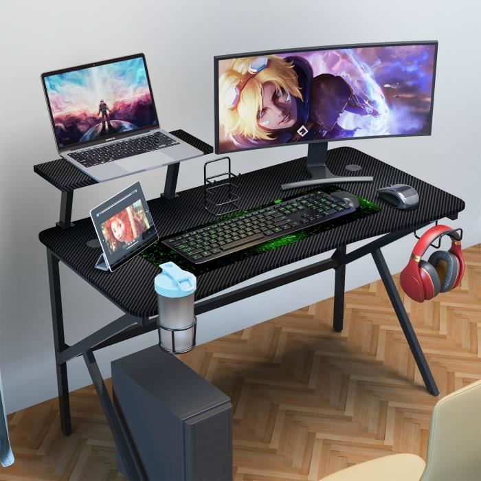 Bureau Gamer DHHOZAMZ avec Surface en Fibre de Carbone PVC étagère écran métal MDF 100x54.5x74cm Noir