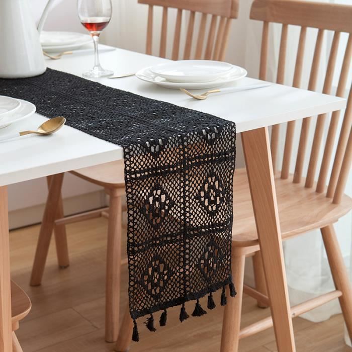 Chemin De Table Noir 40x140 Cm - Motif Feuilles - Polyester - Décoration Table Mariage Ou Quotidien