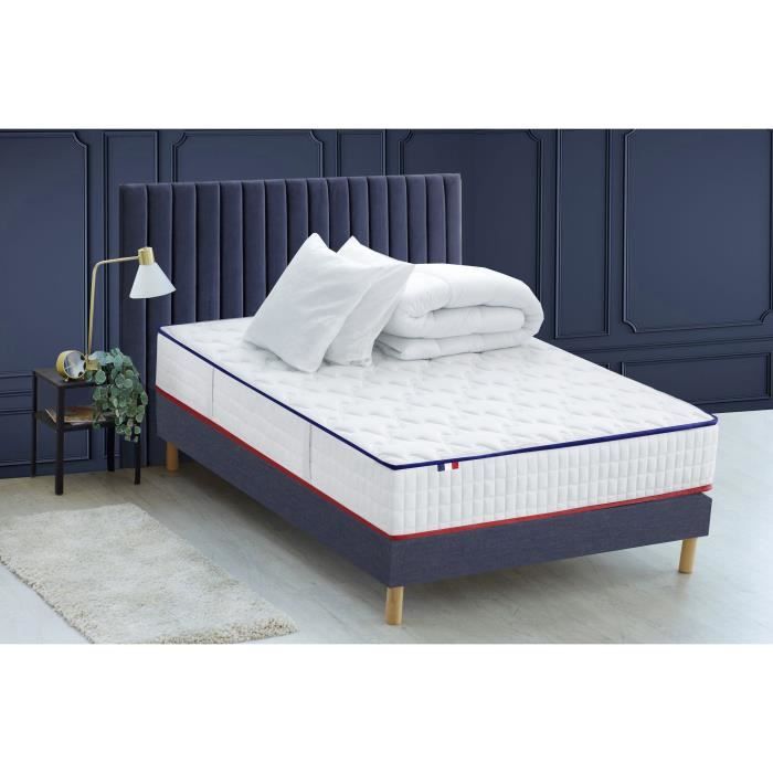 CONFORT DESIGN Pack complet Matelas 594 Ressorts + Sommier Bleu denim + Couette + 2 Oreillers 140x190cm CHANTILLY