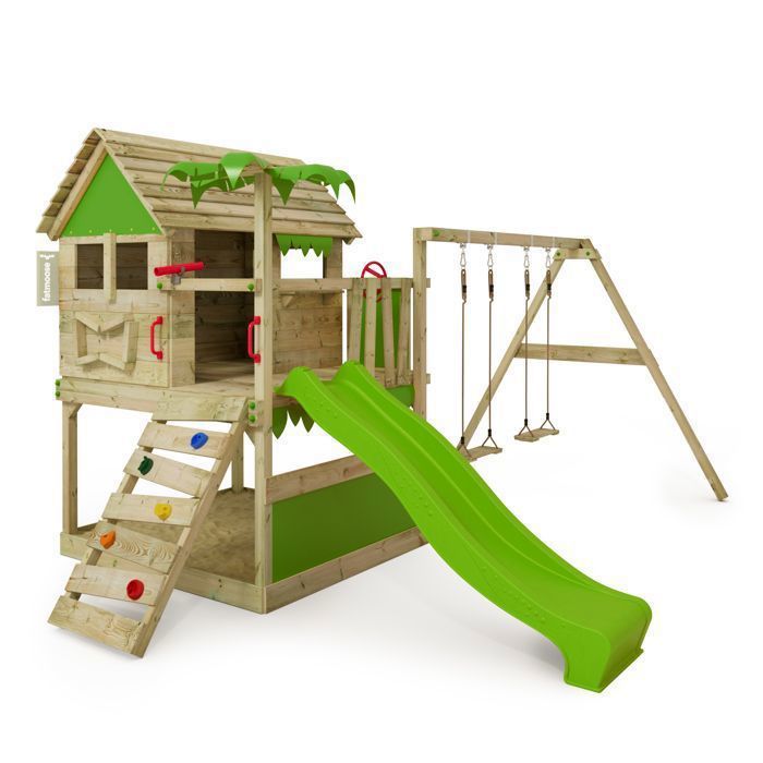 Tour de jeux bois FATMOOSE TikaTaka Town XXL avec toboggan 220 cm ert pomme et bac à sable intégré – 10 ans de garantie*