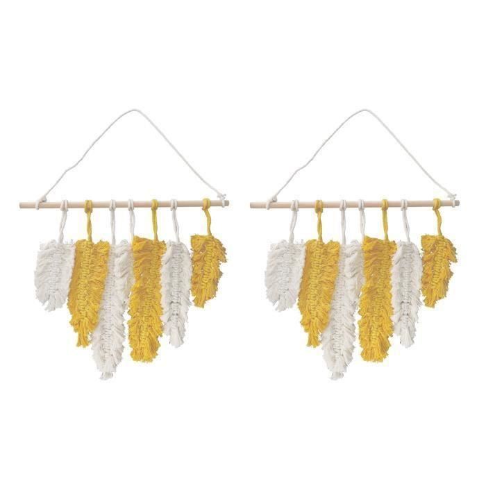 Tenture Murale Macramé Boho Weldomcor – Feuilles Et Plumes Jaune – Décoration Artisanale Chic Pour Salon, Chambre, Balcon Ou Mariage