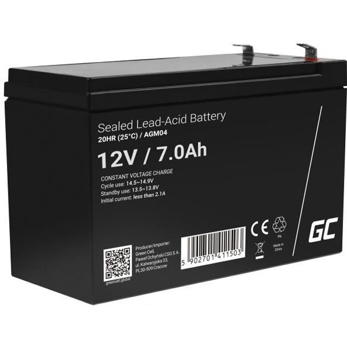 Batterie AGM 12V 12Ah GreenCell - Sans Entretien, étanche - Pour Jouets, Scooter, Fauteuil Roulant, Onduleur