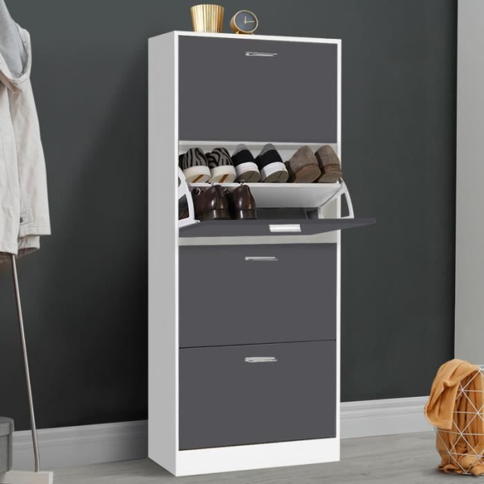 Meuble à Chaussures KLARK Blanc 2 Portes Grises - Rangement 12 Paires, Design Moderne, Montage Facile