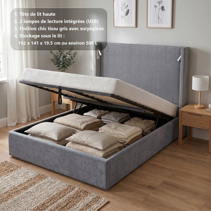 Lit coffre - STAN 3 - 140 x 190 cm - Tissu gris - Tête de lit haute à oreilles - 2 lampes de lecture LED + Ports USB