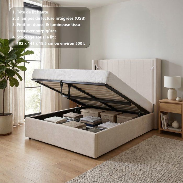 Lit coffre - STAN 3 - 140 x 190 cm - Tissu écru texturé - Tête de lit haute à oreilles - 2 lampes de lecture LED + Ports USB Lit coffre - STAN 3 - 140 x 190 cm - Tissu écru texturé - Tête de lit haute à oreilles - 2 lampes de lecture LED + Ports USB