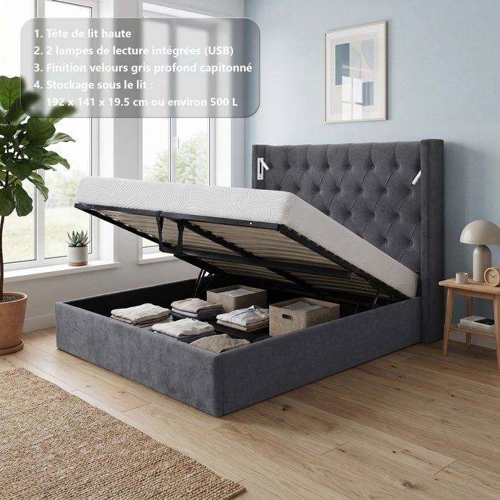 Lit coffre - STAN 4 - 140 x 190 cm - Tissu velours gris foncé - Tête de lit haute à capitons - 2 lampes de lecture LED + Ports USB