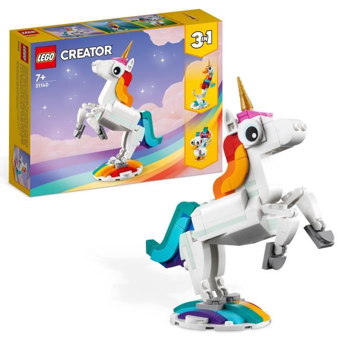 lego® creator 3-en-1 31140 la licorne magique, jouet hippocampe et paon,  figurines d'animaux