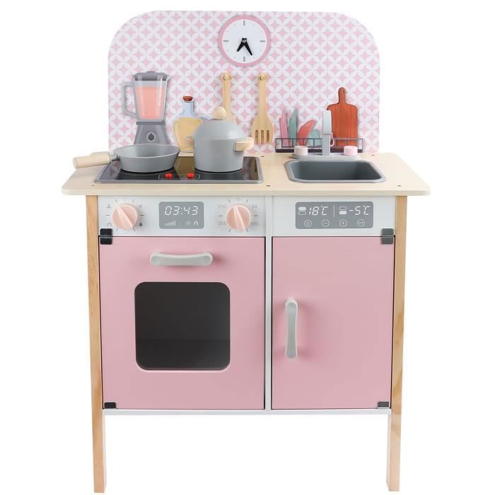 Cuisine En Bois Menfi Pour Enfants 81 Cm - Rose Pastel Avec Horloge, Plaque De Cuisson, Accessoires - Dès 3 Ans
