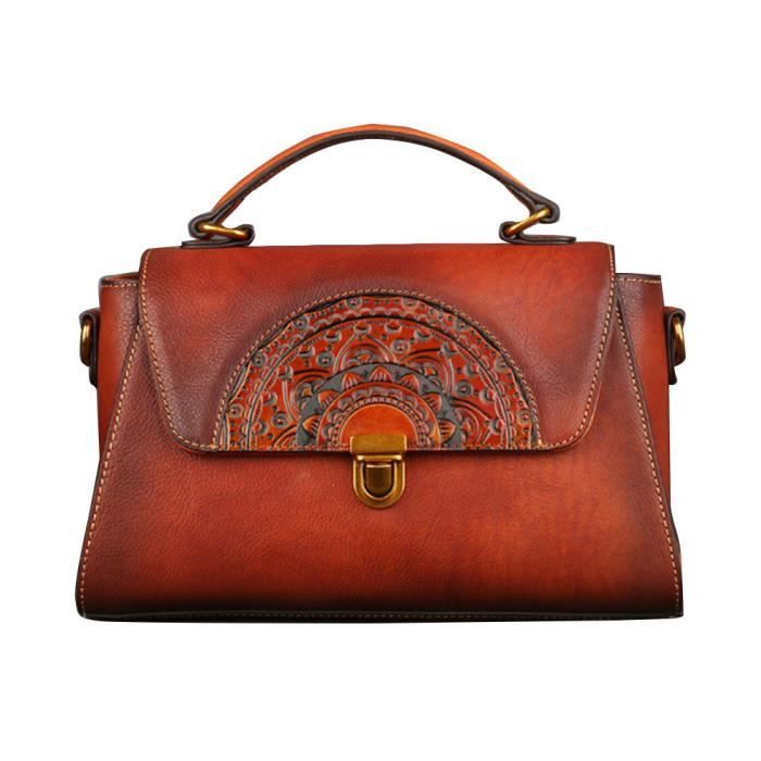 Sac à Main Vintage En Cuir Marron Style Seventies - Fourre-tout Occasion - Cuir Véritable