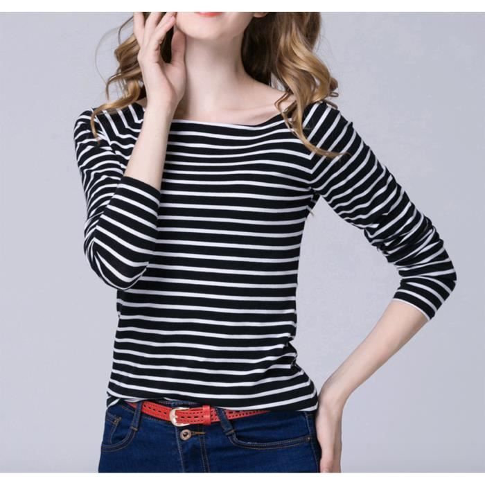 T shirt Femme Coton Breton Raye Manches Longues Col Bateau Ajuste