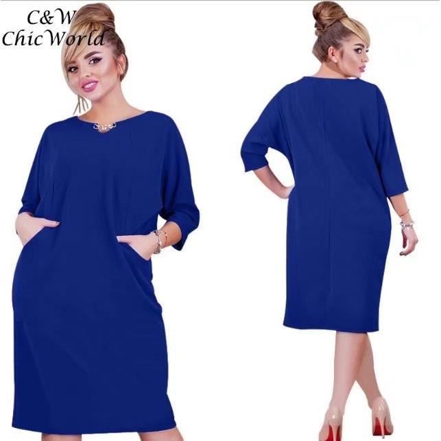 Mode Grande Taille Robe De Bureau Femme Couleur Unie En Vrac 1 2 Manche Milieu Longue Temperament Sexy Robe Vetements Bleu Bleu Achat Vente Robe Cdiscount