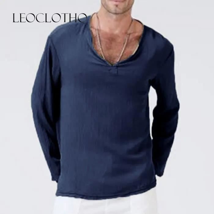 T-shirt Homme Lin baggy LEOCLOTHO Bleu Col V Manches courtes