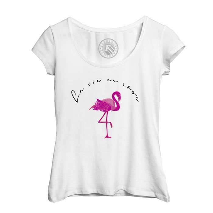 T Shirt Femme Flamant Rose La Vie En Rose Dessin Texte Noir Blanc
