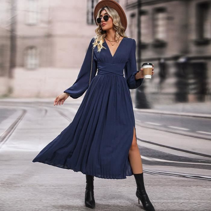 Robe Manches longues Col en V Lacage Femme Dark bleu Blanc Adulte Femme Blanc Cdiscount Pret a Porter