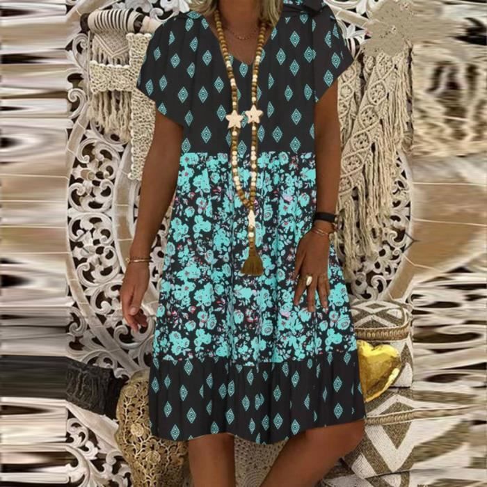 Femmes Vacances Été Fête Robe D/'été Col V Manches Courtes Boho Floral Mini Robe