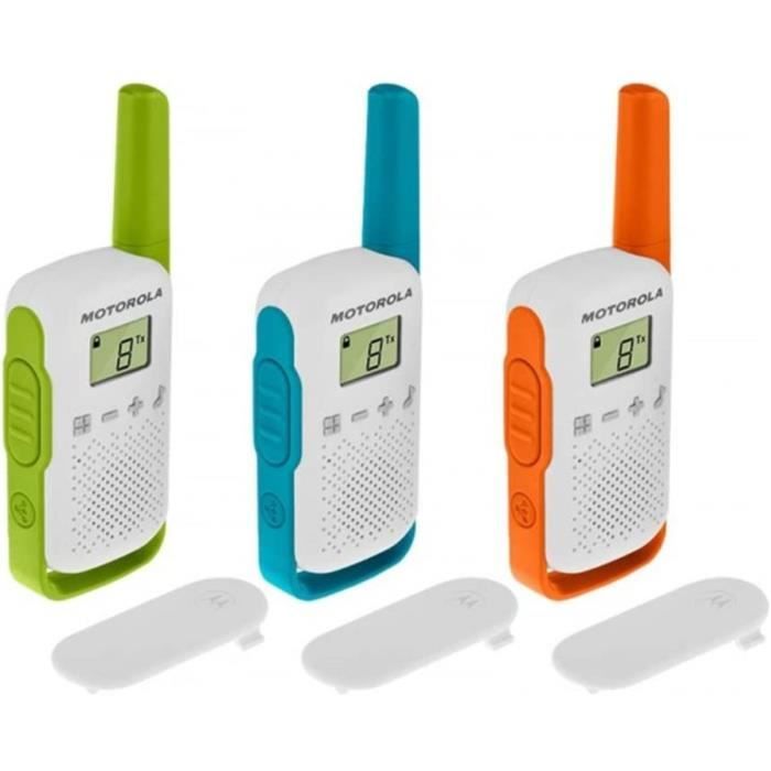 Motorola Talkie-walkie portée de 4 km Blanc avec Contours Orange/Vert/Bleu, TLKR T42 Trio