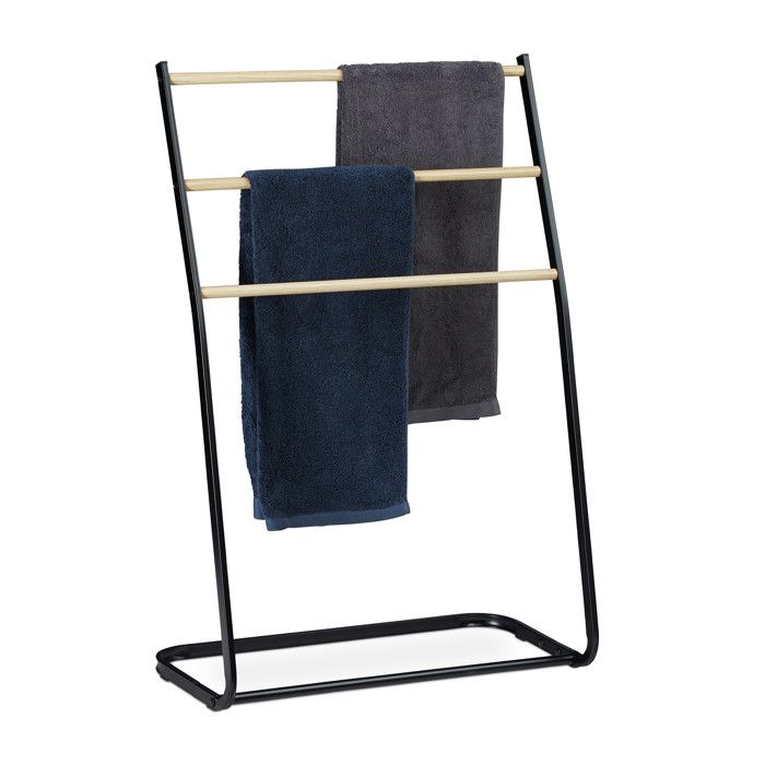 Relaxdays Porte-serviettes sur pieds échelle escalier 3 barres métal bois support serviette bain 86x58x30 cm noir