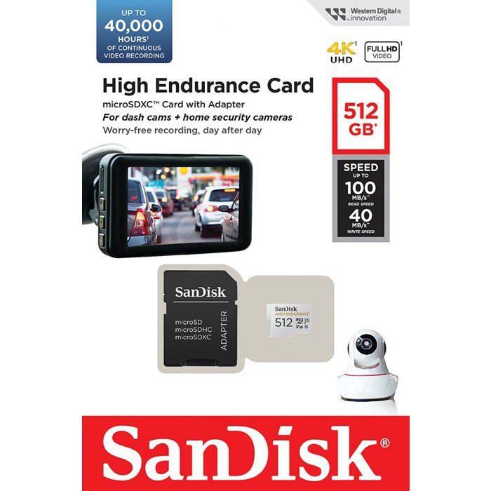 Carte microSDXC - SanDisk Professional - HIGH ENDURANCE - 512 Go - Adaptateur SD 100 Mo/s - V30 vidéo surveillance