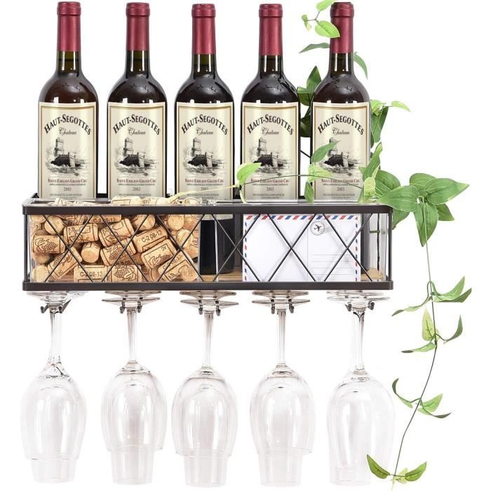 Étagère Murale Porte-Bouteilles Vin 61cm - Étagère Métal Et Bois Style Industriel Rétro