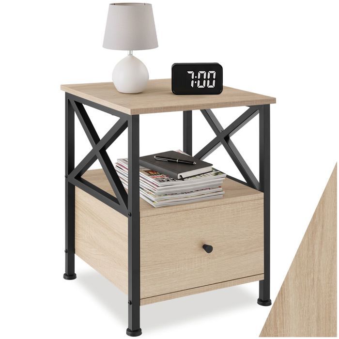 Table de chevet - TECTAKE - Chevet FALKIRK style industriel 2 étagères et tiroir en bois et acier 40 x 415 x 555 cm - Bois clair