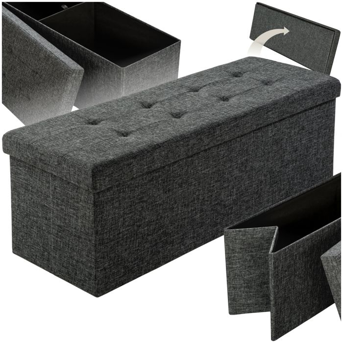 Tabouret Coffre De Rangement Pliable Bouchara – Noir Capitonné, Avec Roulettes – état Correct